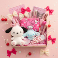 Sanrio themed gift box with Pochacco plushie, bows and cherries